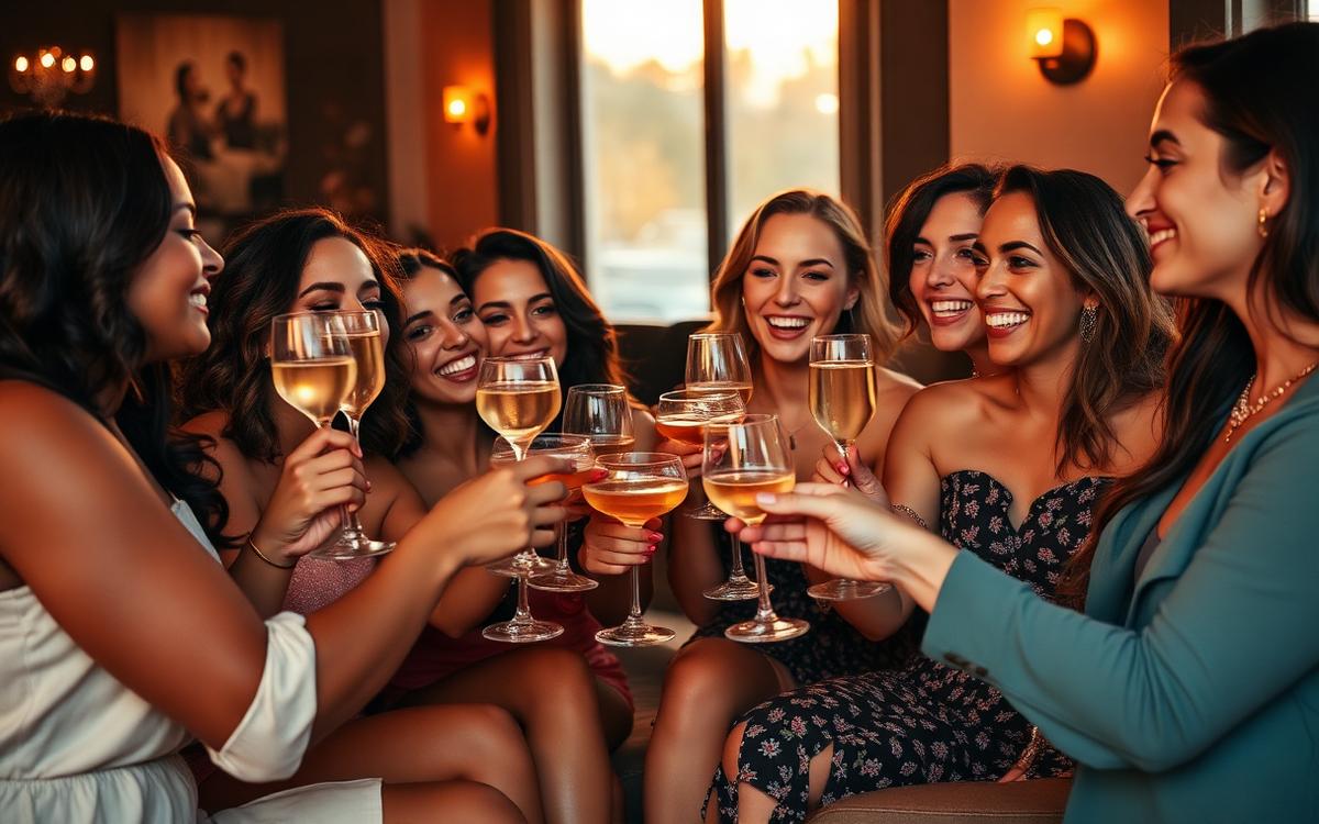 Group of women toasting with mocktails in a warm lounge.