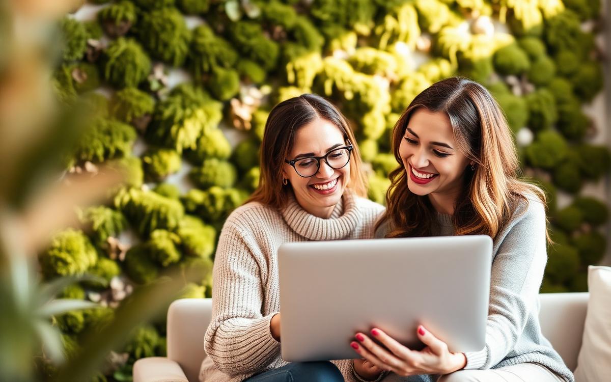 Two women laughing together over a laptop by a moss wall.