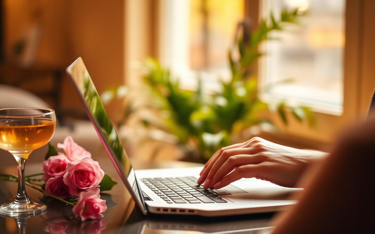 Hands on a laptop with a mocktail and roses in a warm lounge.