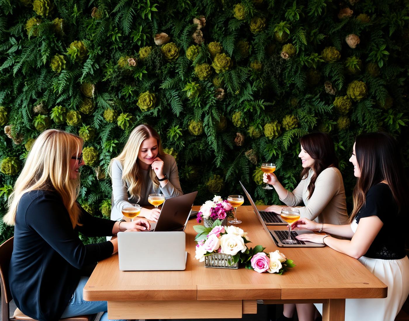 A Sip & Vibe gathering in front of a lush green wall, women collaborating at tables with laptops.